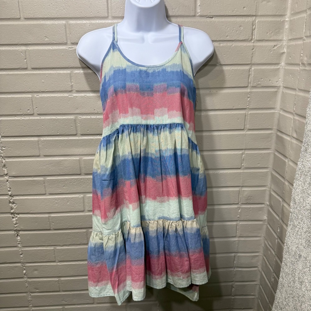 Outerknown Cielo Babydoll Dress Organic Adriatic Striped Tie Dye Tiered NWT L - Picture 5 of 15